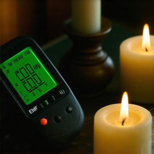 Electromagnetic Field meter used in exorcism rituals with religious relics and holy water in background.