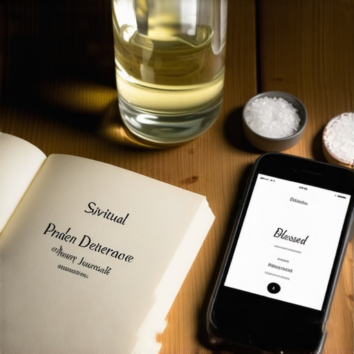 A prayer journal, holy water, blessed salt, and a smartphone with prayer app for spiritual deliverance