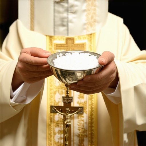 Catholic priest performing exorcism with holy water, salt, and crucifix