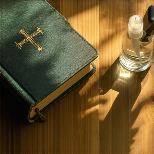 A spiritual journal, prayer book, and holy water sprayer arranged on an altar, symbolizing essential tools for exorcists and healers.