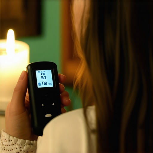 Spiritual practitioner examining electromagnetic readings with a digital EMF meter during a house exorcism.