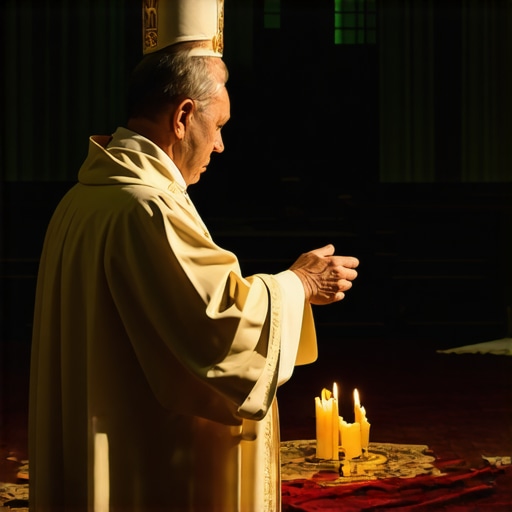 Catholic priest performing exorcism ritual in church with congregation