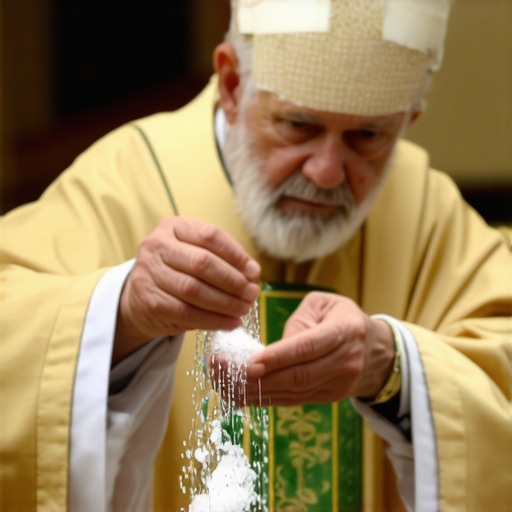 Priest blessing holy water and salt during a Catholic exorcism in Virginia.