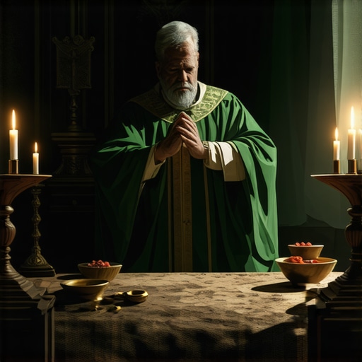 Priest conducting a traditional Catholic exorcism ceremony with sacred objects and prayers