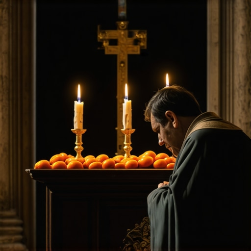 A priest performing a Catholic ritual exorcism with sacred tools in a dimly lit room