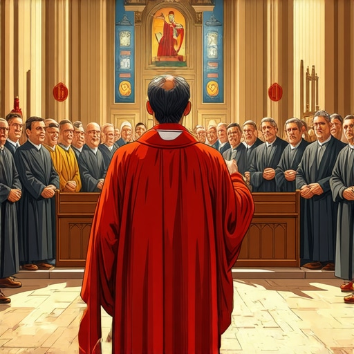 A Catholic priest conducting an exorcism with a congregation present in a church