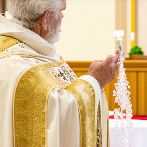 Priest performing exorcism with holy water and sacred symbols