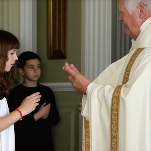 A priest conducting an exorcism ritual in a Virginia residential setting, with family members praying.