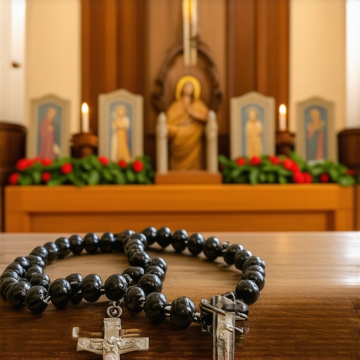 A detailed close-up of a Catholic rosary on a devotional altar signifying spiritual practice.