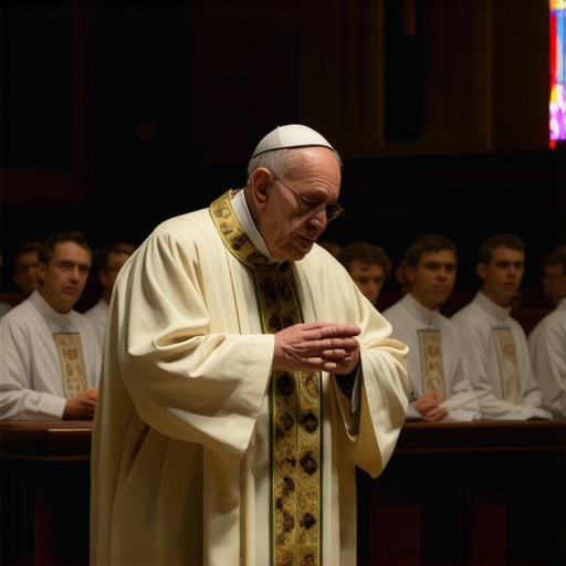 Priest conducting an exorcism ritual surrounded by family and assistants in a church