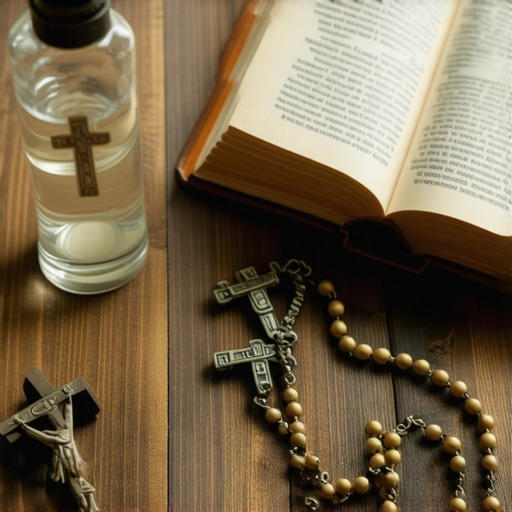 Catholic sacramentals for spiritual protection A collection of Christian religious items like holy water, prayer manuals, and beads arranged neatly for spiritual defense.