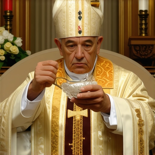 Priest performing holy water blessing in a home setting for spiritual protection.
