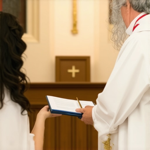A person speaking with a priest about deliverance prayers in a church environment.