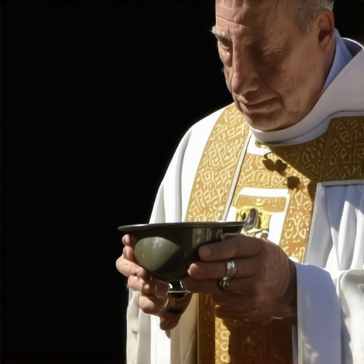 Priest performing an exorcism with holy relics and holy water in a church setting
