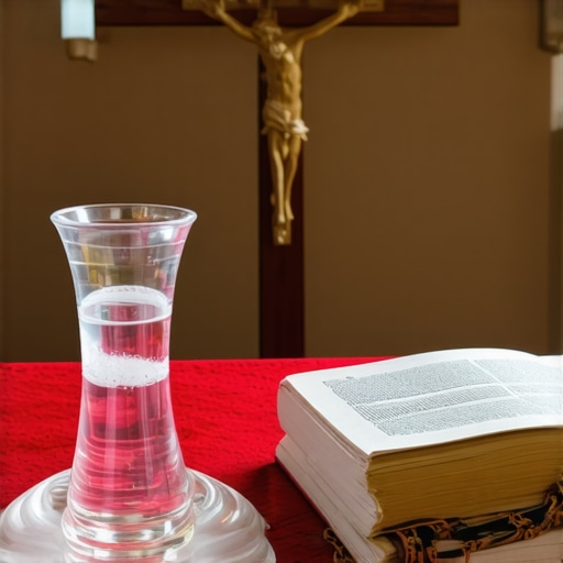 Holy water, crucifix, and prayer books arranged on an altar for spiritual protection