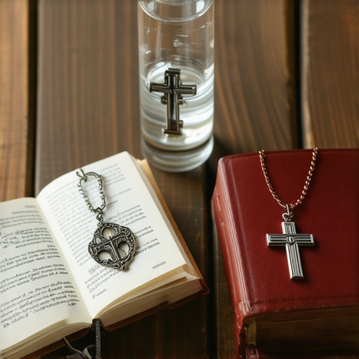 Array of blessed medals, holy water, and prayer books used in exorcism rituals.