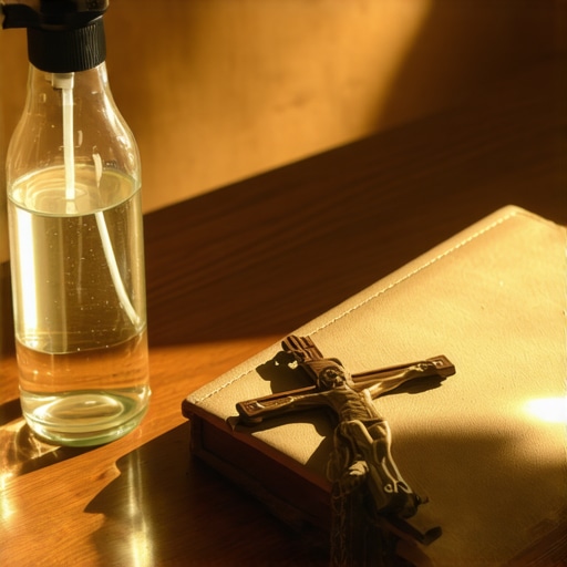 Spiritual tools like holy water, crucifix, and prayer journal laid out on a table for exorcism support