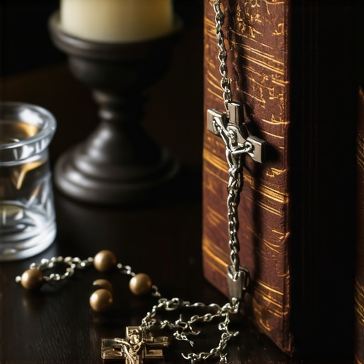 Catholic rosary, holy water, and prayer book arranged for exorcism preparation.