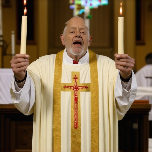 A priest conducting a formal exorcism with sacred items during a spiritual cleansing