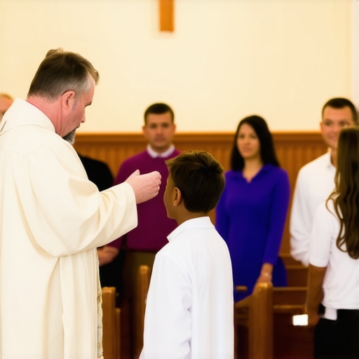 A Catholic priest performs a solemn exorcism ritual with a family present in a Virginia church.
