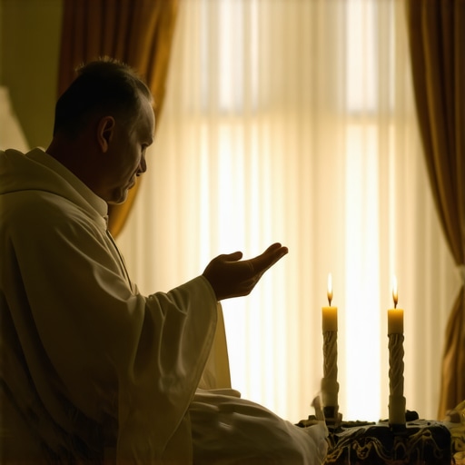 Priest performing spiritual cleansing in a Virginia residence with symbols of faith.