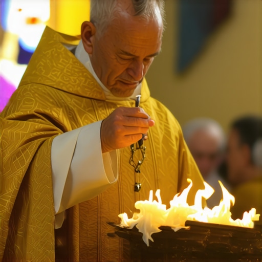 A priest performing a Catholic exorcism ritual holding sacred relics