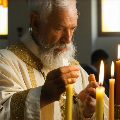 Catholic priest conducting an exorcism with holy water, crucifix, and candles in a church