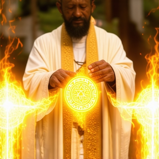 Priest conducting exorcism with sacred items and spiritual symbols during sunset
