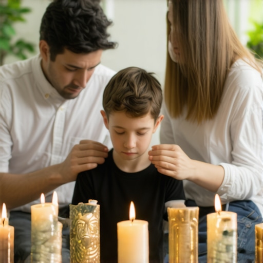A family praying together at home with religious symbols around them.