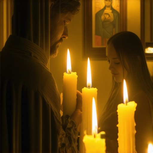 Family praying together around a candle in a religious home setting.