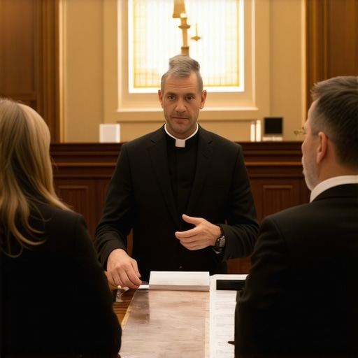 Catholic priest discussing spiritual deliverance with a family in a church setting.