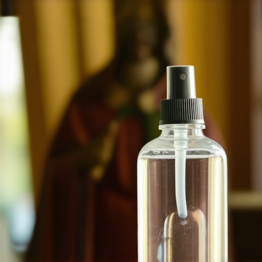 A hand holding a holy water spray bottle with a cross emblem, used for spiritual defense.