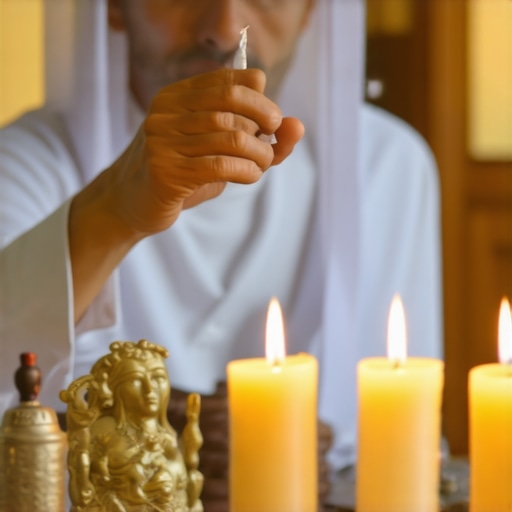 Individual sprinkling holy water during a spiritual blessing in a prayer room.