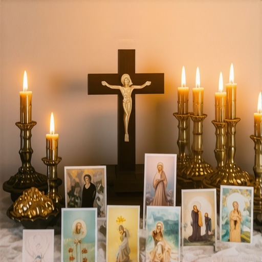A peaceful home altar setup with religious items for spiritual protection and ongoing warfare.
