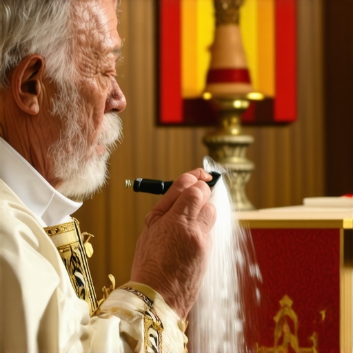 Modern Tools in Catholic Ritual Exorcisms Priest spraying holy water during exorcism with religious symbols around