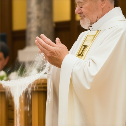 Catholic priest conducting a spiritual deliverance ceremony with holy water during a church service in Virginia.