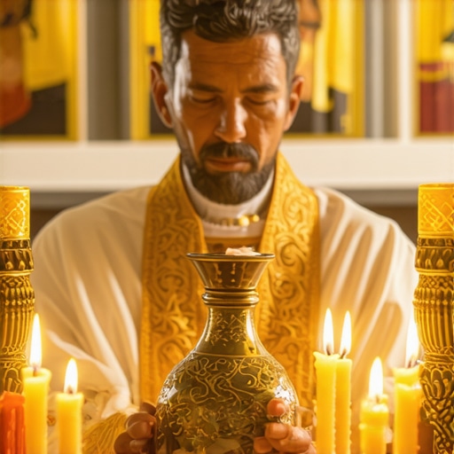 A priest performing a blessing with Holy Water during a religious exorcism ritual.