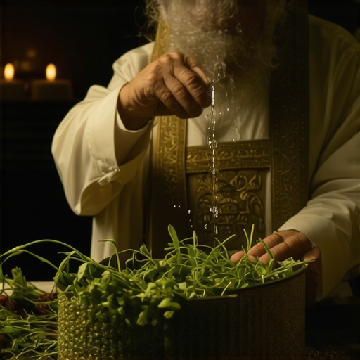 Priest Blessing Ritual Equipment A priest blessing holy water and herbs during a spiritual exorcism ritual with recording tools nearby.