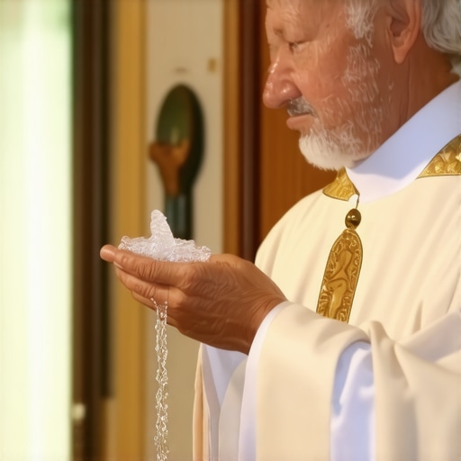 A Catholic priest performing a home blessing with holy water in Virginia