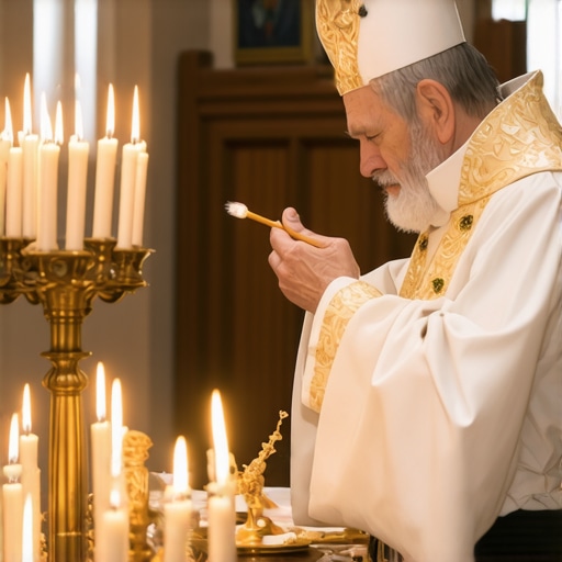 A Catholic priest performing a spiritual blessing with holy water and candles during an exorcism ritual.