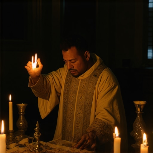 A Catholic priest conducting a solemn exorcism ritual in a church setting with candles and religious symbols.