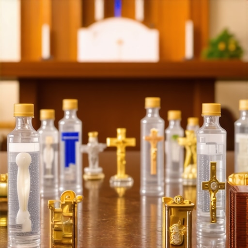 Sacred religious items like holy water, medals, and crucifixes used in spiritual cleansing and exorcism procedures.