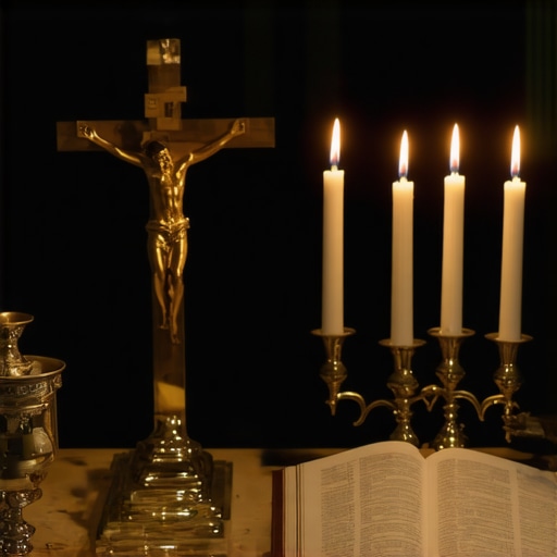 Altar with holy water, crucifix, candles, and prayer journal
