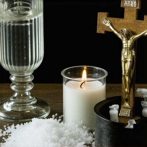 Sacred Objects for Spiritual Protection Holy water, crucifix, and blessed salt arranged on an altar for exorcism preparations.