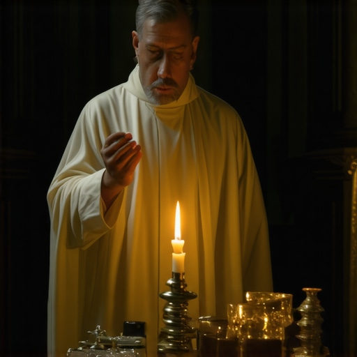 Sacred Tools for Effective Exorcism A priest handling holy water, blessed oils, and relics during a Catholic exorcism ritual.