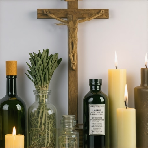 Array of religious artifacts and tools used in Catholic exorcism rituals, including crucifixes, holy water, candles, and sage.