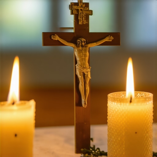 A Catholic crucifix and vial of holy water illuminated on a prayer table, symbolizing spiritual defense
