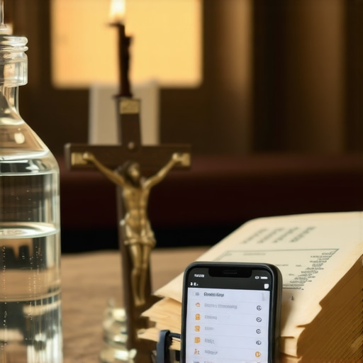 An altar with holy water, crucifix, and prayer app on a smartphone, symbolizing spiritual protection.