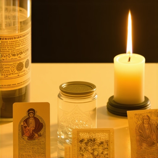 A spiritual altar with holy water, prayer cards, and blessed relics emanating divine protection.