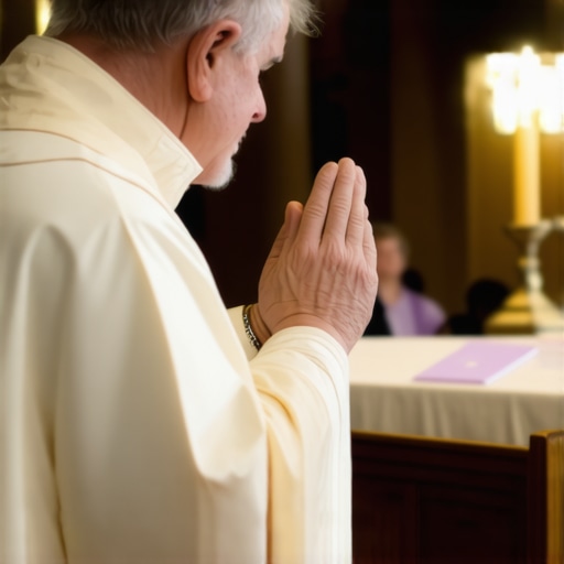A priest performing an exorcism prayer for a person in a church setting.